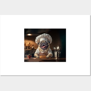 Pug Dog Pizza Chef in the Kitchen Posters and Art